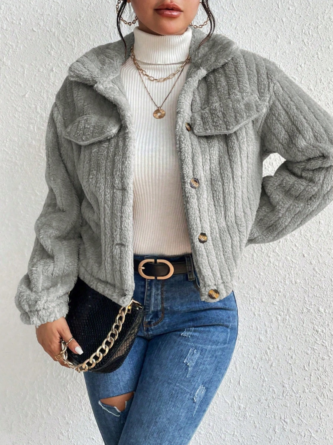 Fuzzy Button Up Collared Neck Jacket-Angel Casuals