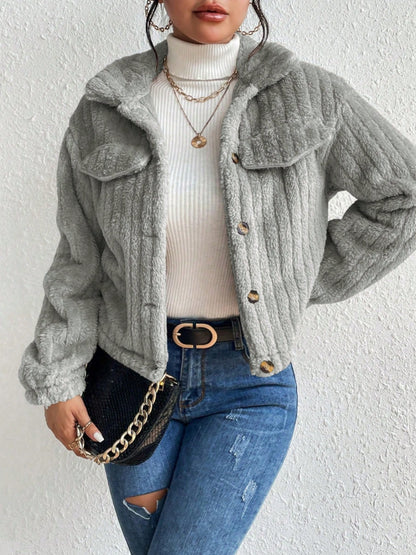 Fuzzy Button Up Collared Neck Jacket-Angel Casuals