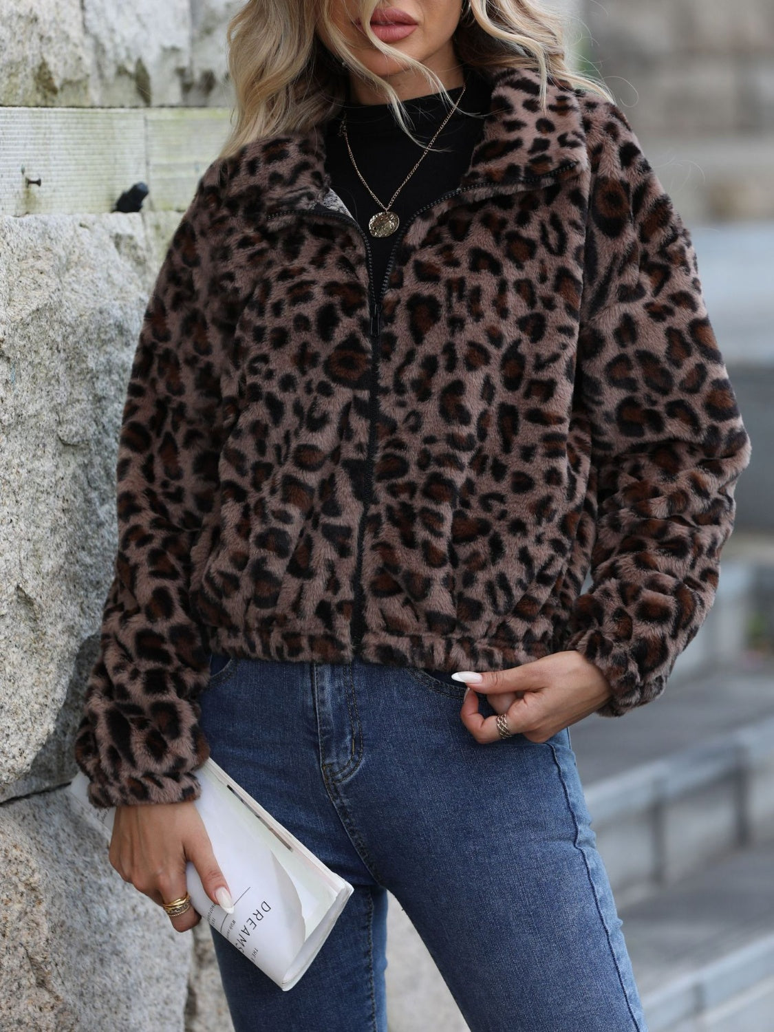 Leopard Collared Neck Zip Up Jacket-Angel Casuals