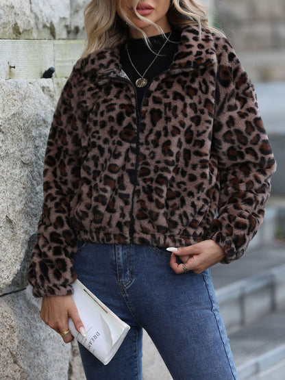 Leopard Collared Neck Zip Up Jacket-Angel Casuals