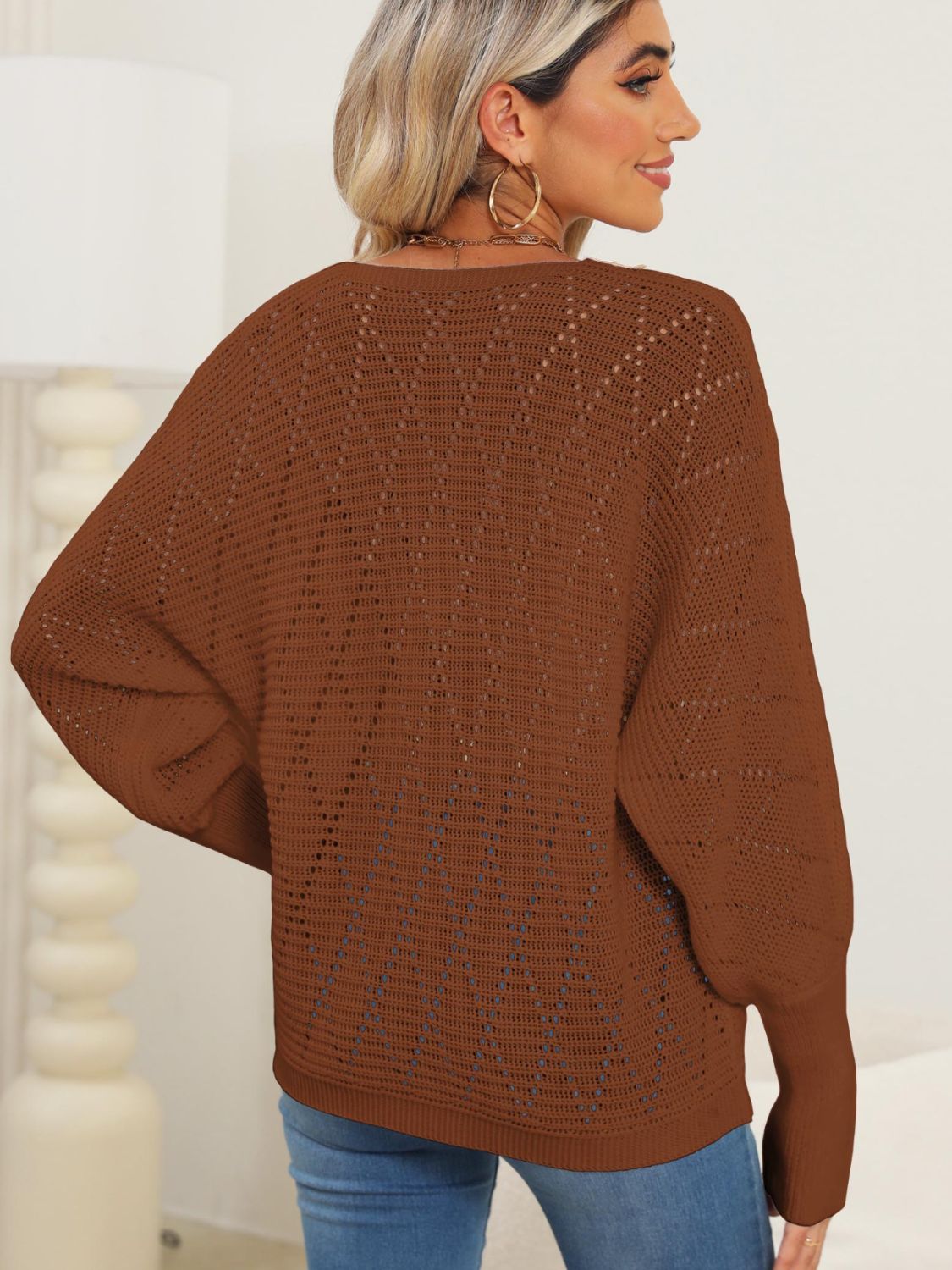 Lace Detail V-Neck Long Sleeve Sweater-Angel Casuals