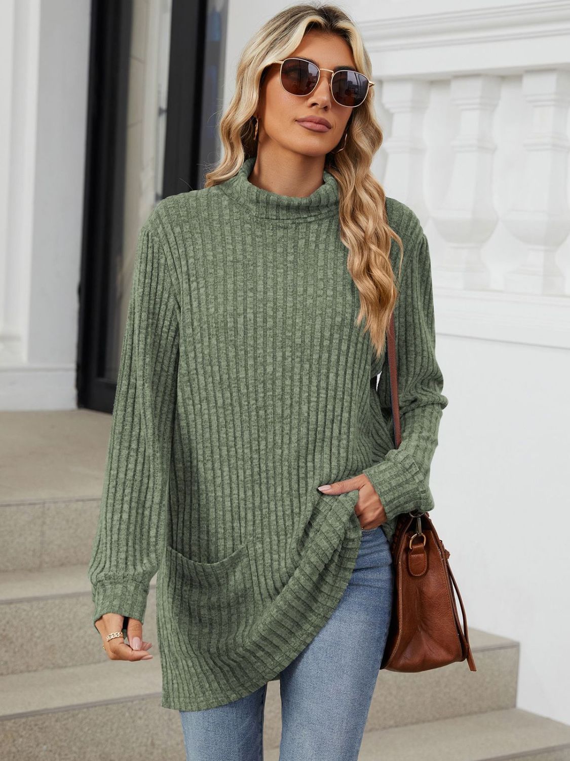 Ribbed Mock Neck Long Sleeve T-Shirt-Angel Casuals