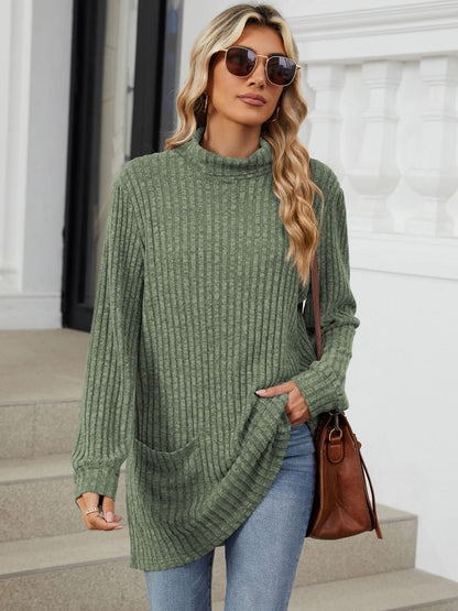 Ribbed Mock Neck Long Sleeve T-Shirt-Angel Casuals