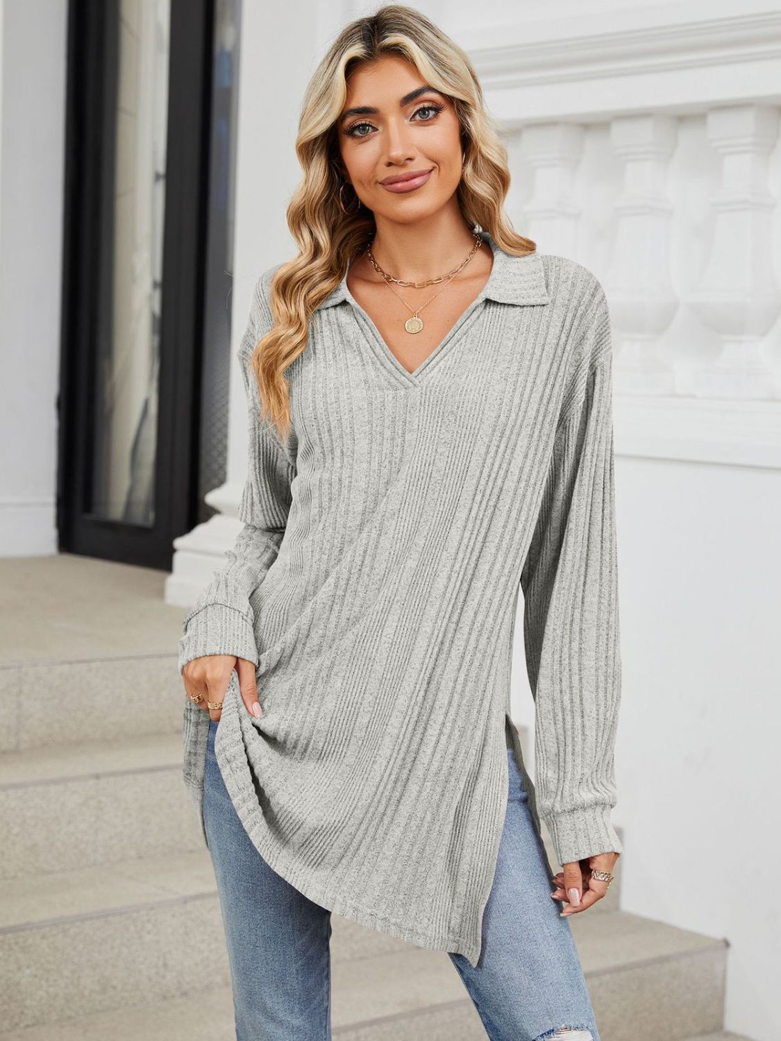 Slit Johnny Collar Long Sleeve T-Shirt-Angel Casuals