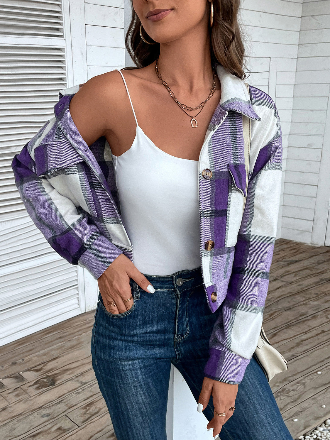 Perfee Plaid Button Up Drop Shoulder Cropped Jacket-Angel Casuals