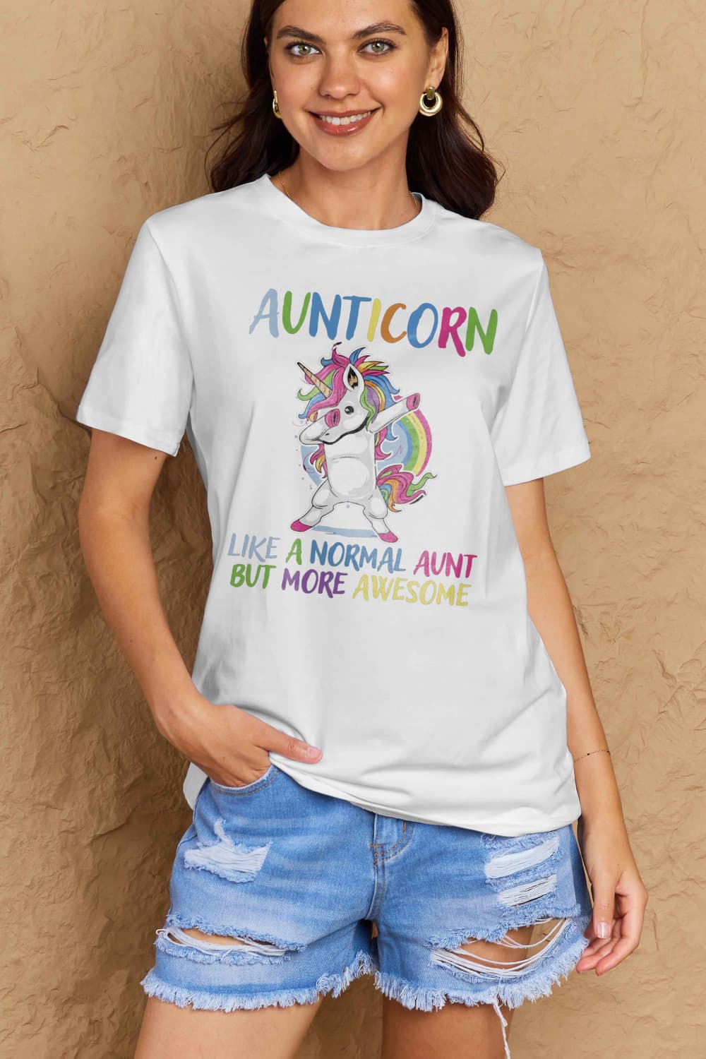 Simply Love Full Size AUNTICORN LIKE A NORMAL AUNT BUT MORE AWESOME Graphic Cotton Tee-Angel Casuals