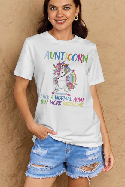 Simply Love Full Size AUNTICORN LIKE A NORMAL AUNT BUT MORE AWESOME Graphic Cotton Tee-Angel Casuals