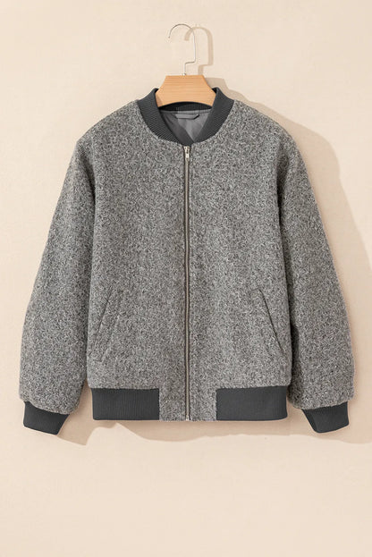 Pocketed Zip Up Baseball Collar Jacket-Angel Casuals