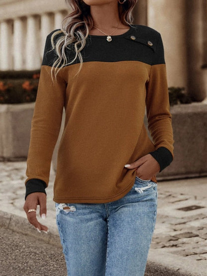 Contrast Buttoned Round Neck Long Sleeve T-Shirt-Angel Casuals