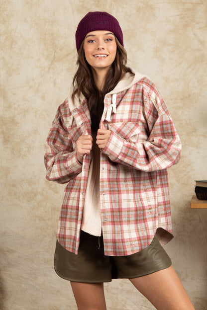 Drawstring Plaid Long Sleeve Hooded Jacket-Angel Casuals