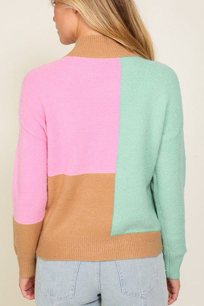 Color Block Mock Neck Ribbed Trim Sweater-Angel Casuals