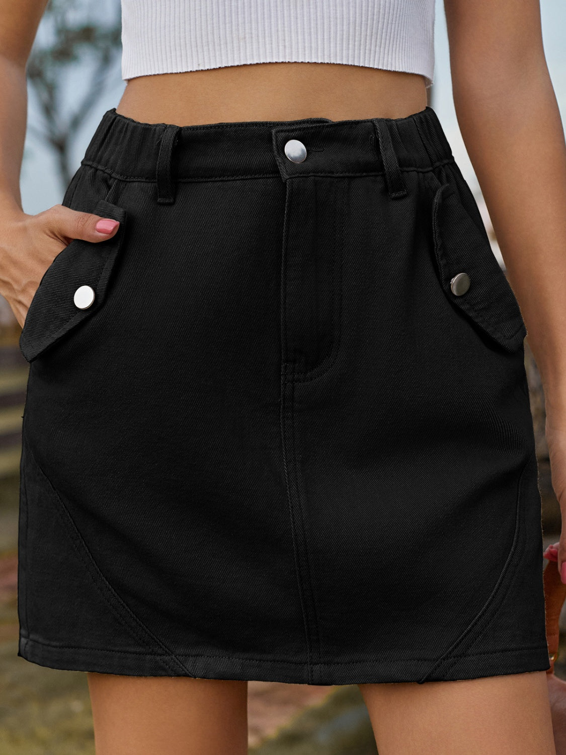 Pocketed Buttoned Mini Denim Skirt-Angel Casuals