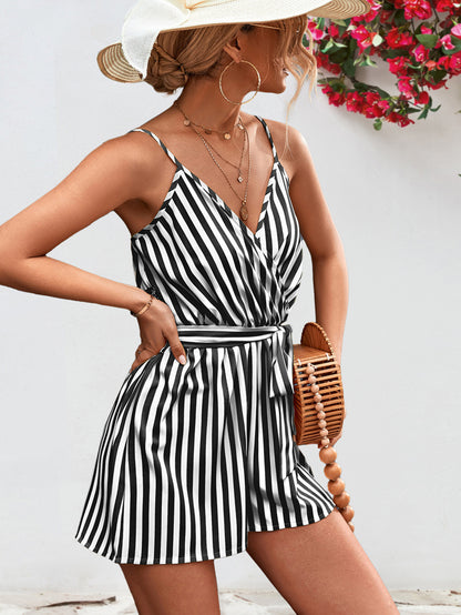 Striped Tie Waist Spaghetti Strap Romper-Angel Casuals