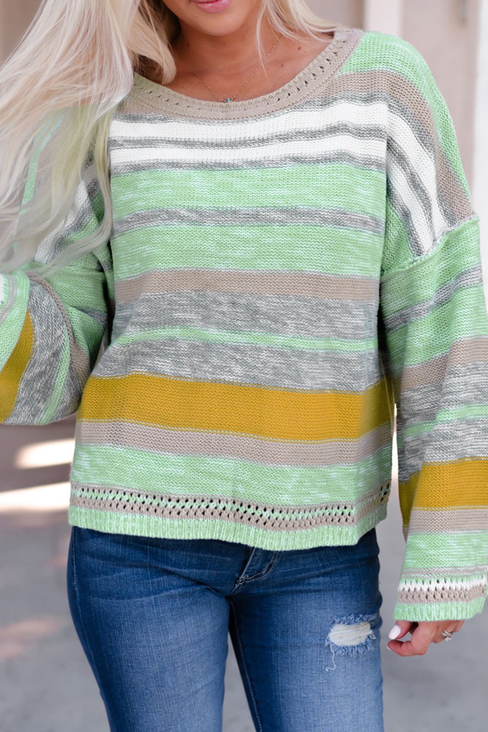 Contrast Striped Boat Neck Dropped Shoulder Sweater-Angel Casuals