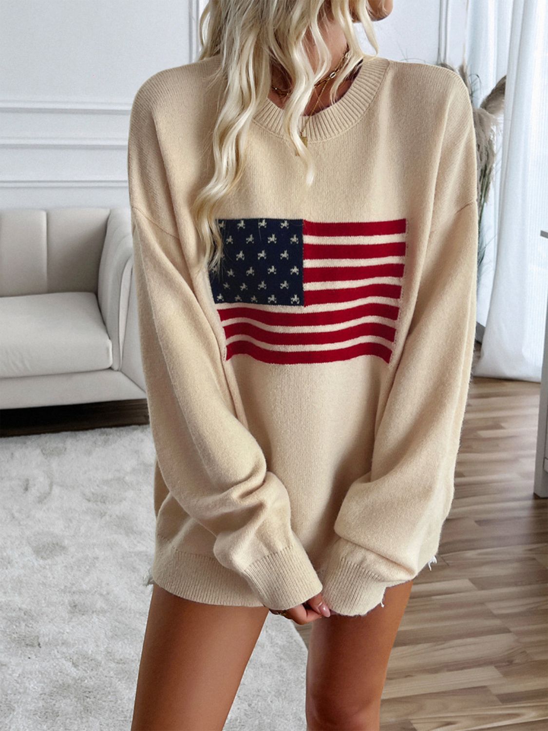 Devine US Flag Round Neck Long Sleeve Knit Top-Angel Casuals