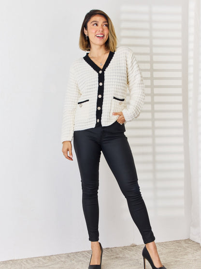 Contrast Trim Button Up Cardigan-Angel Casuals