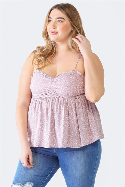 Zenobia Plus Size Frill Smocked Floral Sweetheart Neck Cami-Angel Casuals