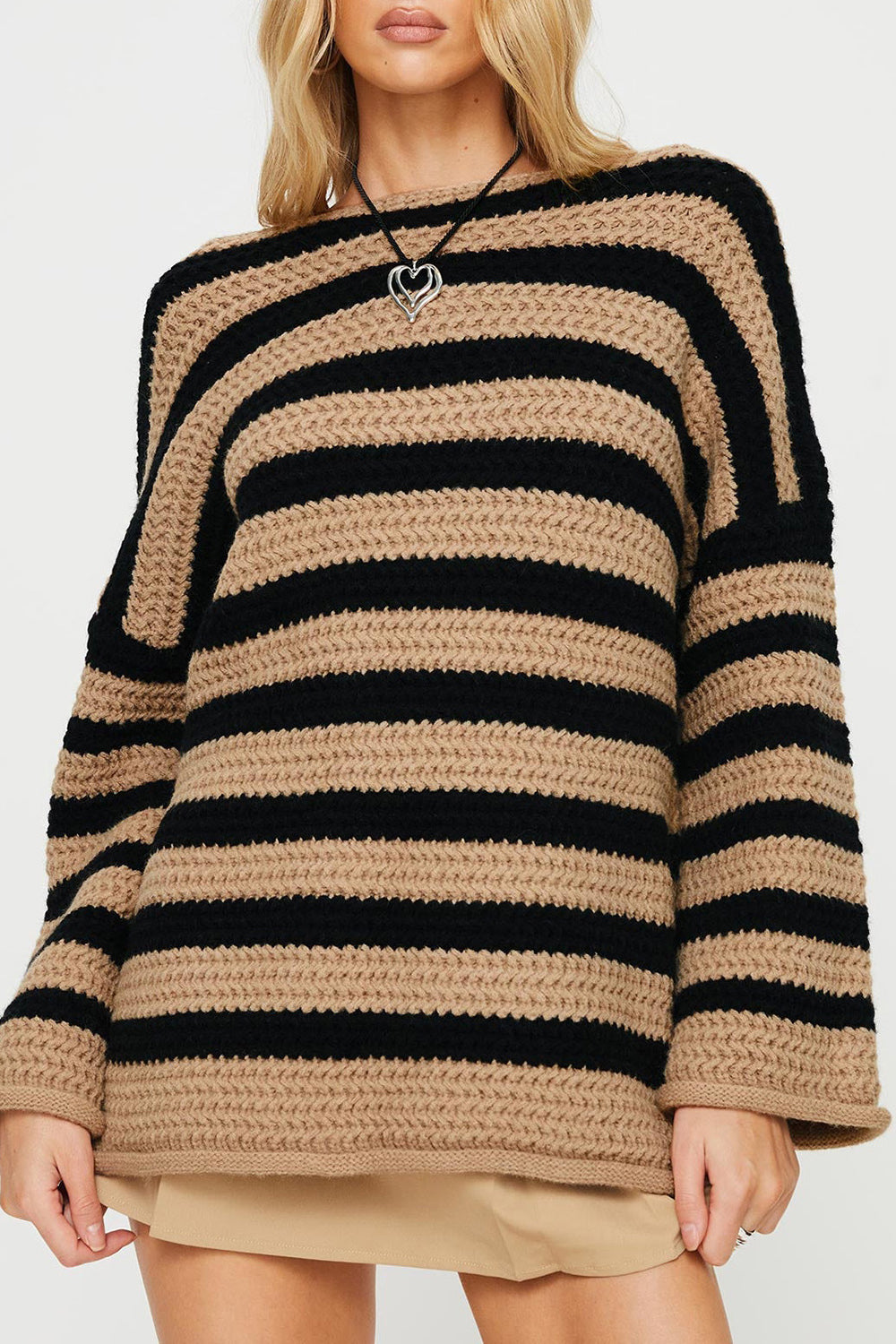 Striped Round Neck Dropped Shoulder Sweater-Angel Casuals