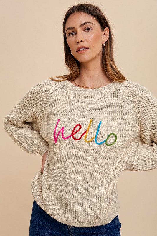 Annie Wear HELLO Embroidered Raglan Sleeve Sweater-Angel Casuals