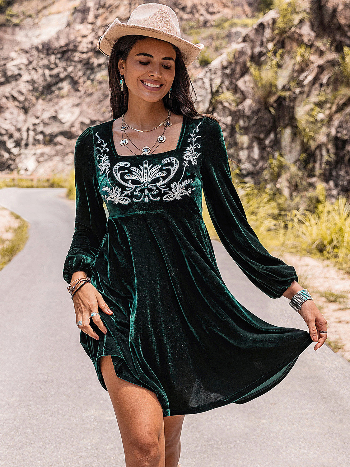 Embroidered Square Neck Long Sleeve Dress-Angel Casuals