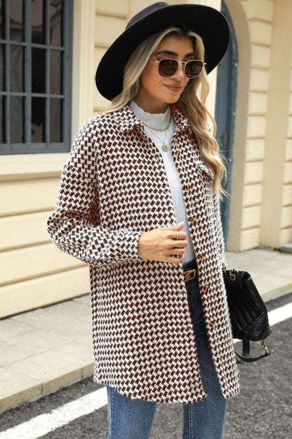 Houndstooth Button Up Dropped Shoulder Coat-Angel Casuals