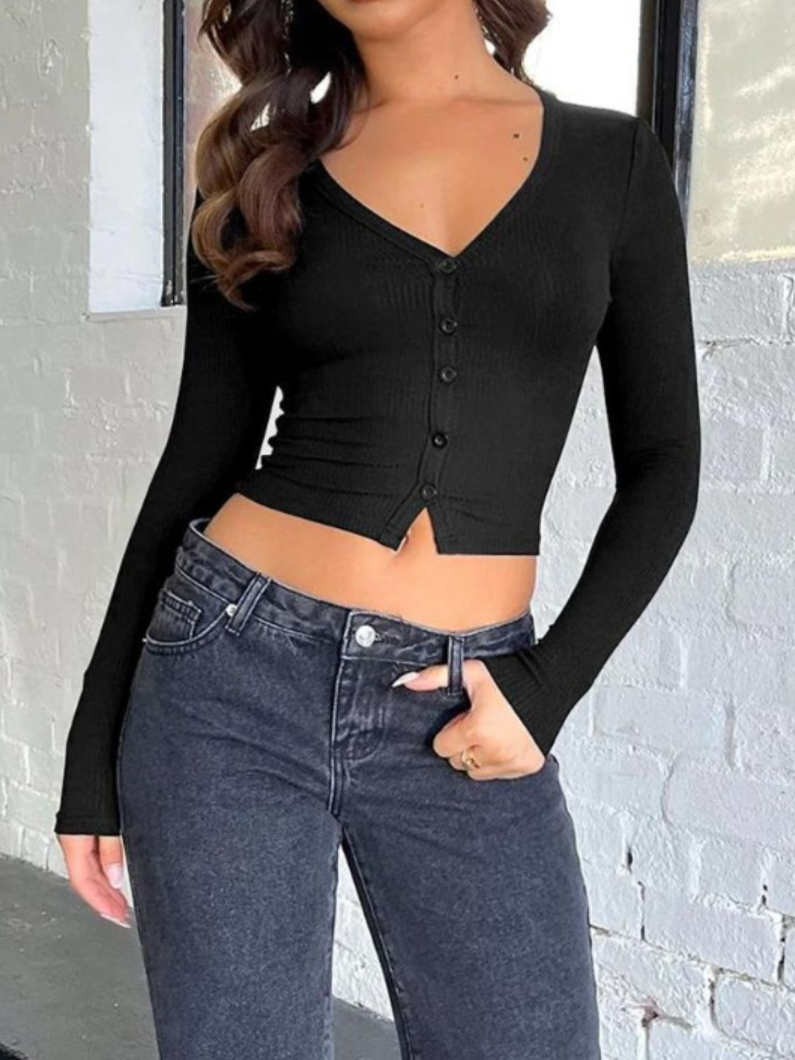 Buttoned V-Neck Long Sleeve T-Shirt-Angel Casuals
