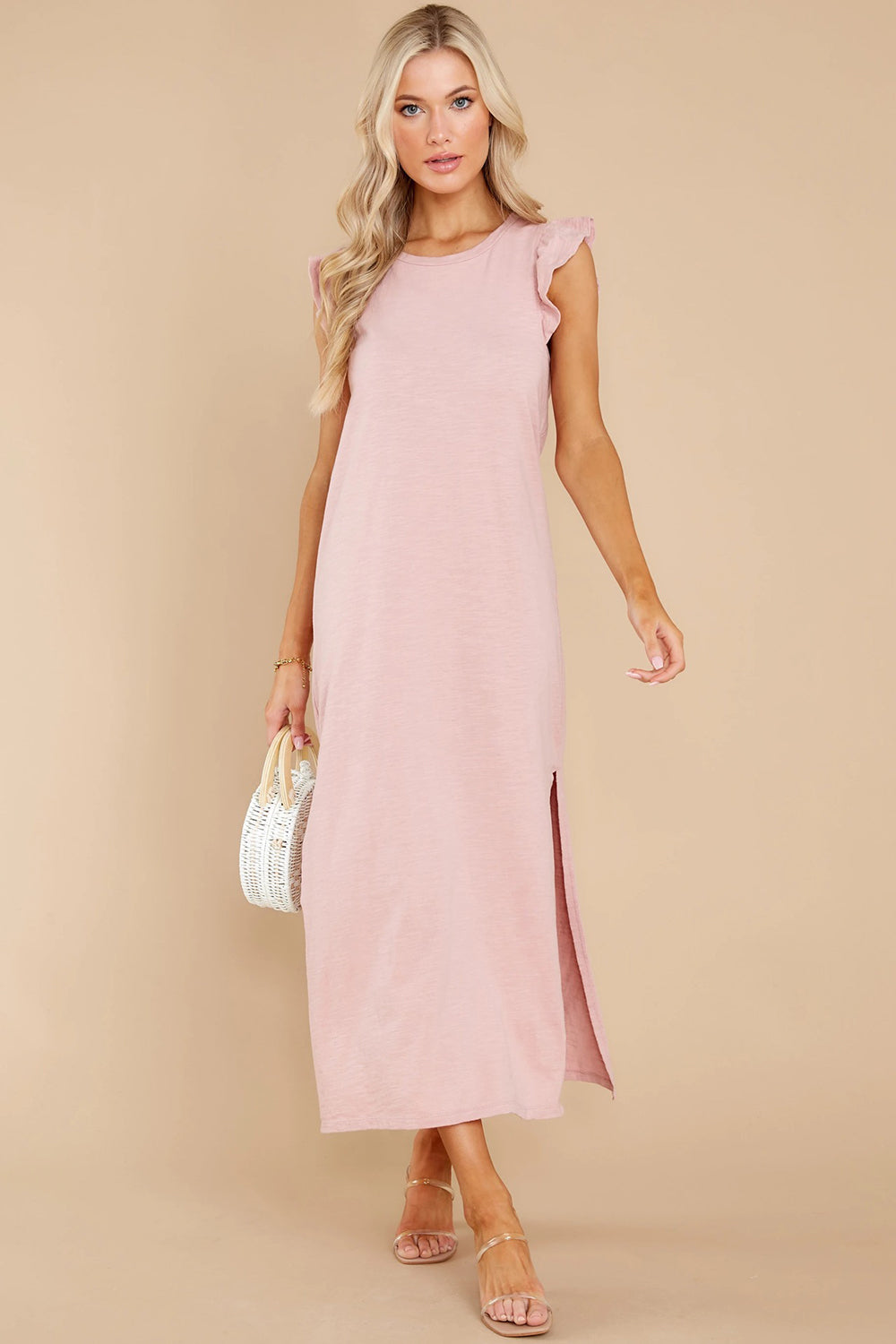 Ruffled Slit Round Neck Cap Sleeve Dress-Angel Casuals