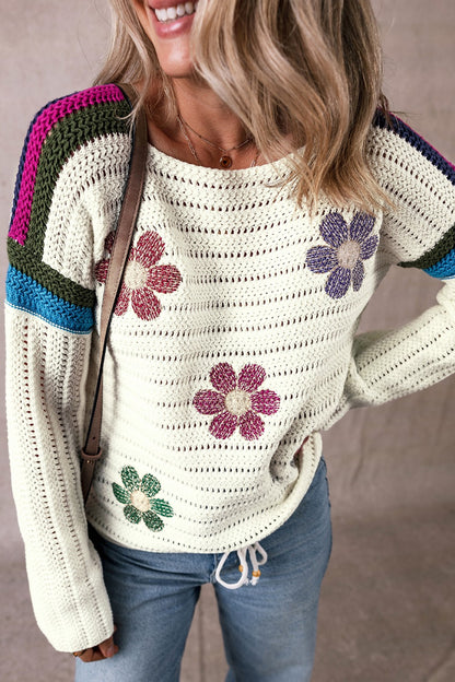 Flower Round Neck Long Sleeve Sweater-Angel Casuals