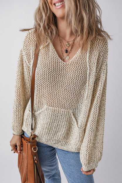 Openwork Dropped Shoulder Hooded Knit Top-Angel Casuals