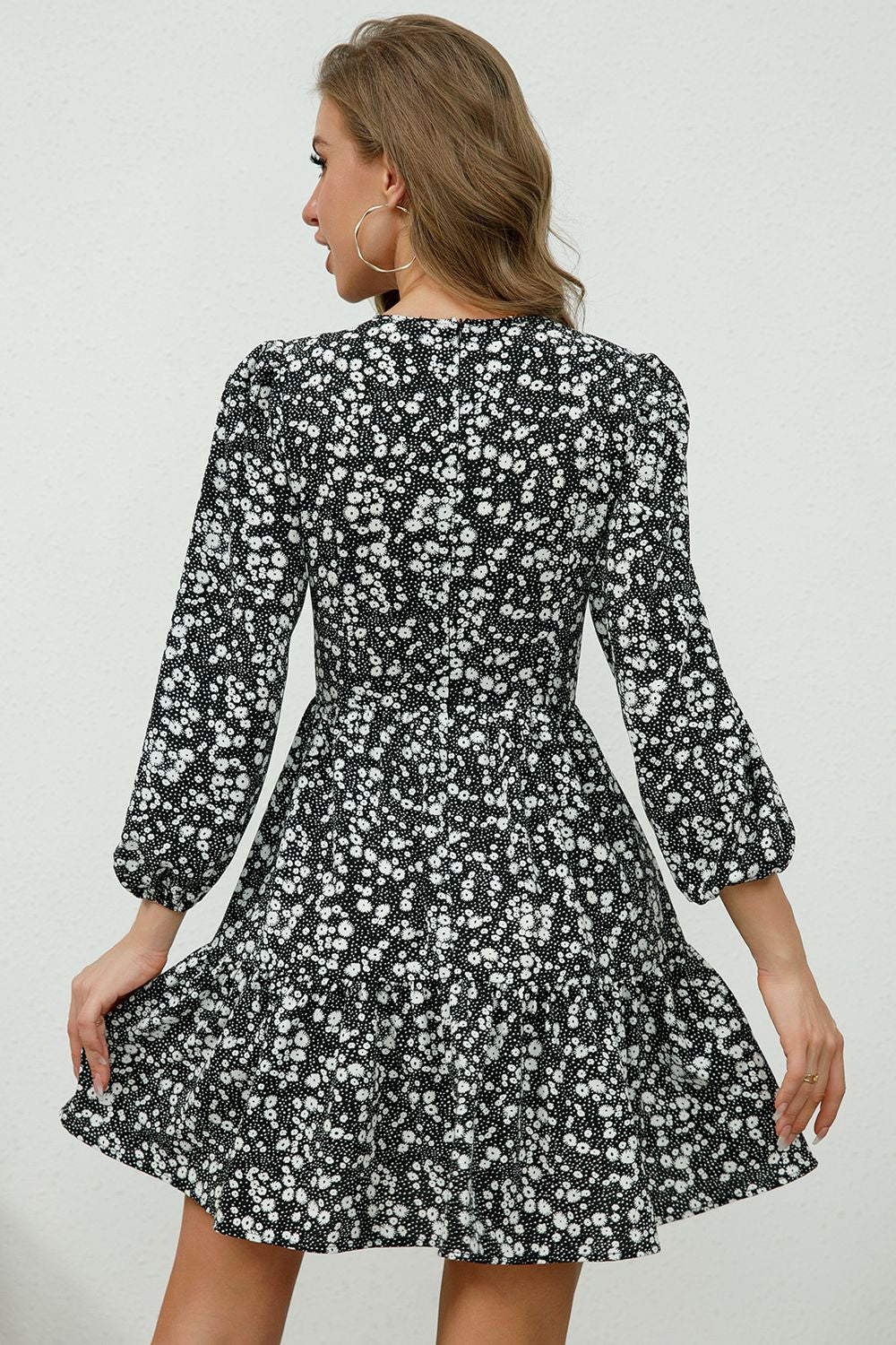 Printed Plunge Neck Flounce Sleeve Mini Dress-Angel Casuals