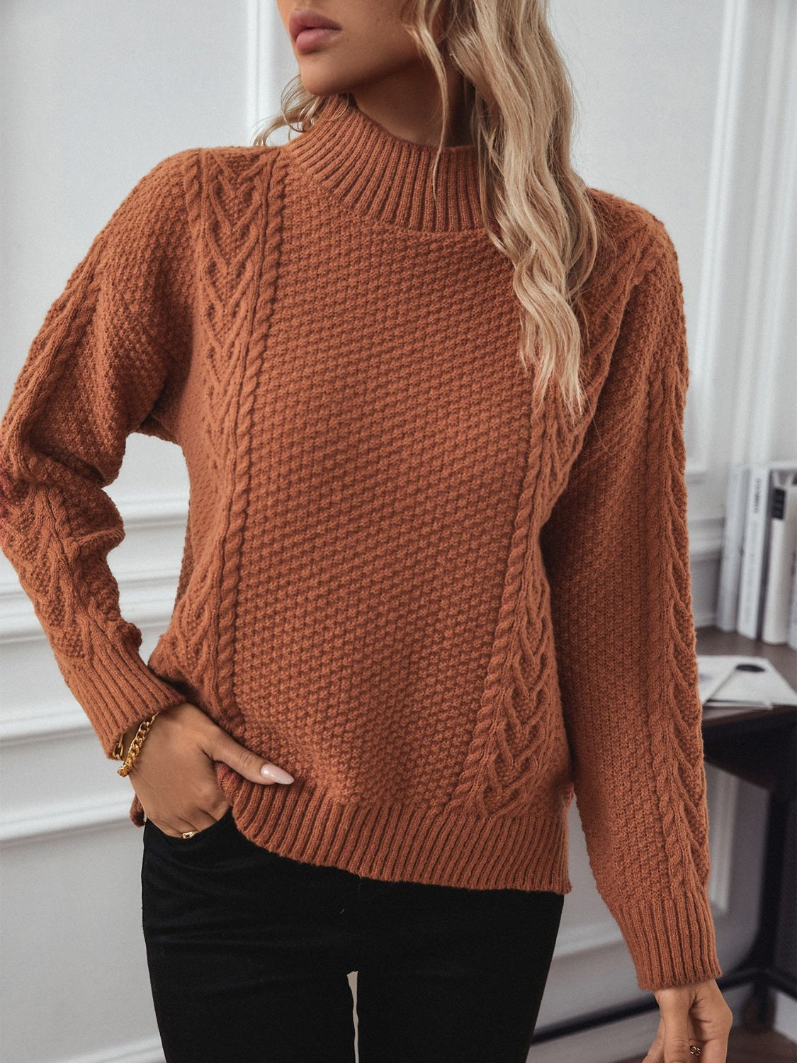 Cable-Knit Mock Neck Long Sleeve Sweater-Angel Casuals