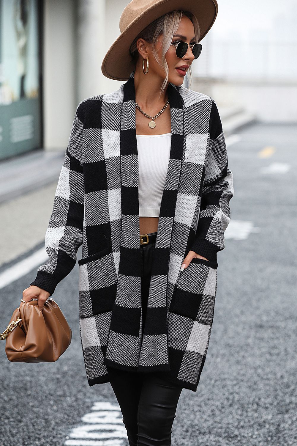 Plaid Dropped Shoulder Cardigan with Pocket-Angel Casuals