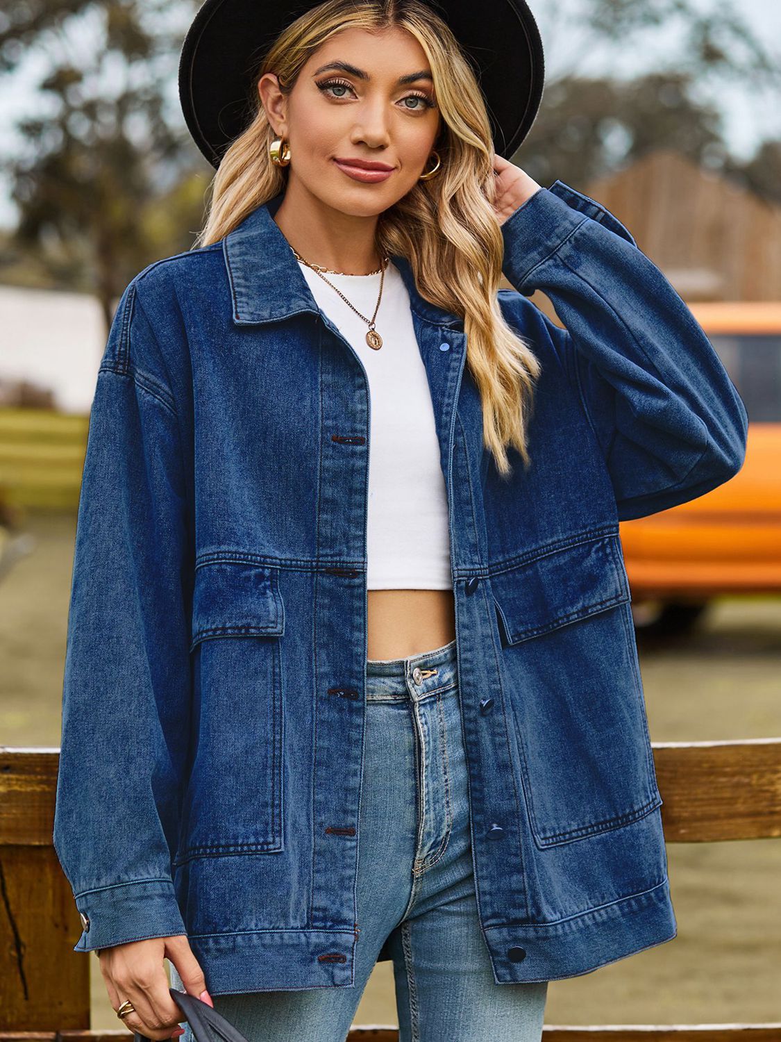 Dropped Shoulder Denim Jacket with Pockets-Angel Casuals