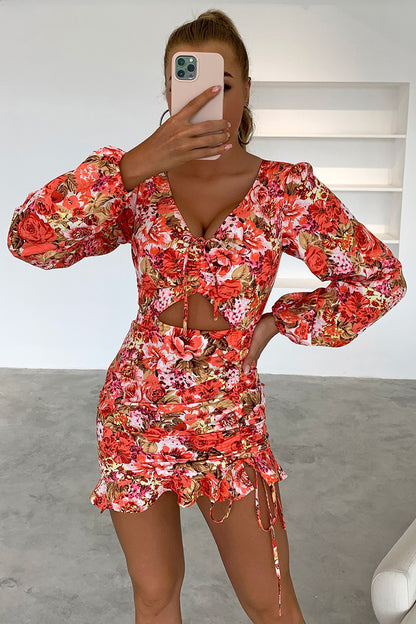 Floral Cutout Long Sleeve Mini Dress-Angel Casuals