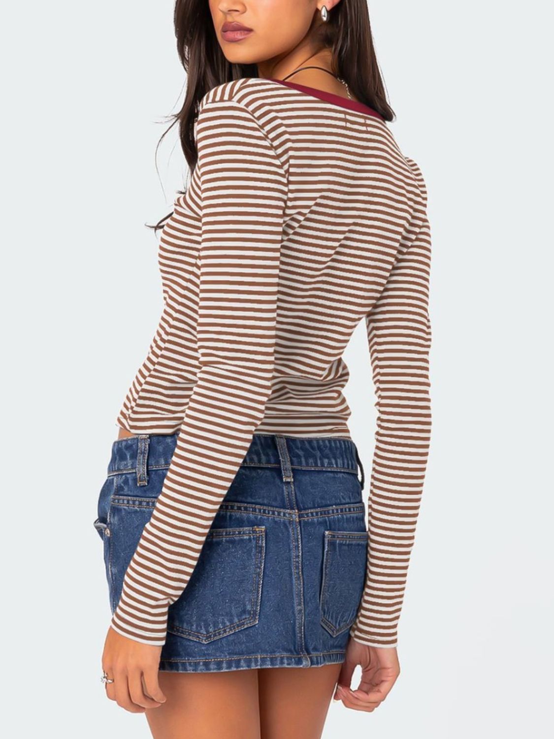 Buttoned Striped Long Sleeve T-Shirt-Angel Casuals