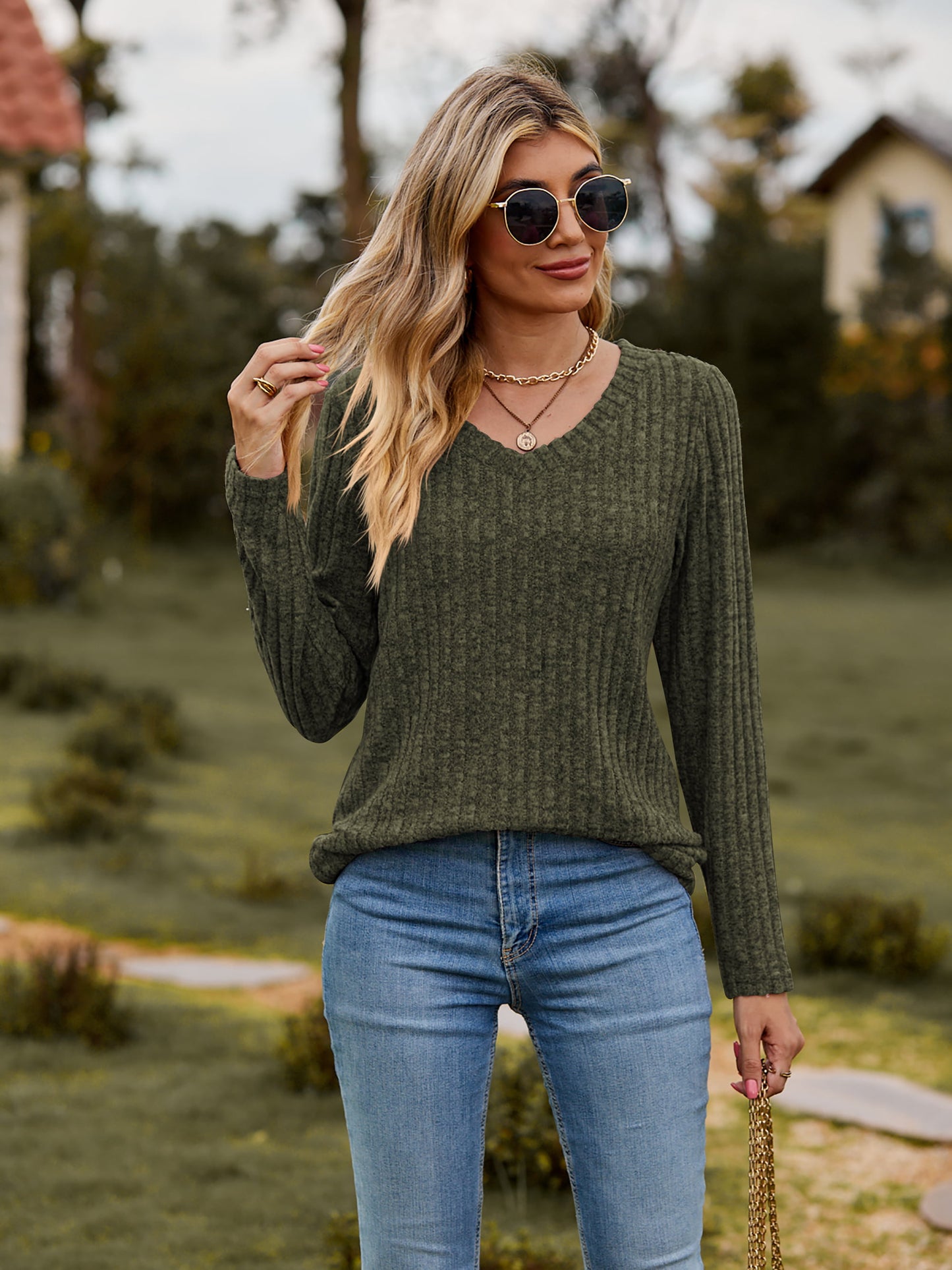 Ribbed V-Neck Long Sleeve Tee-Angel Casuals