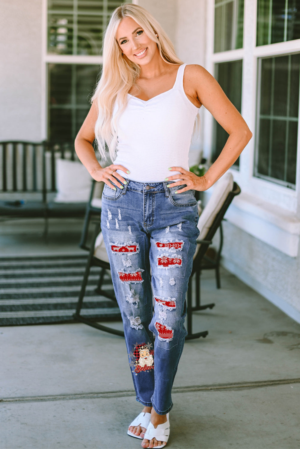 Santa Graphic Distressed Straight Jeans-Angel Casuals