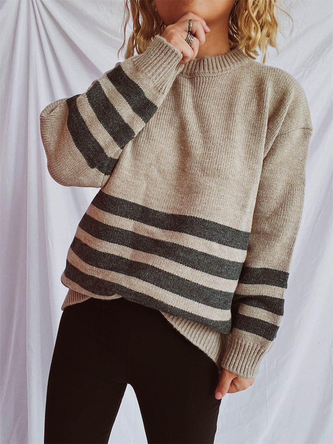 Striped Dropped Shoulder Long Sleeve Sweater-Angel Casuals