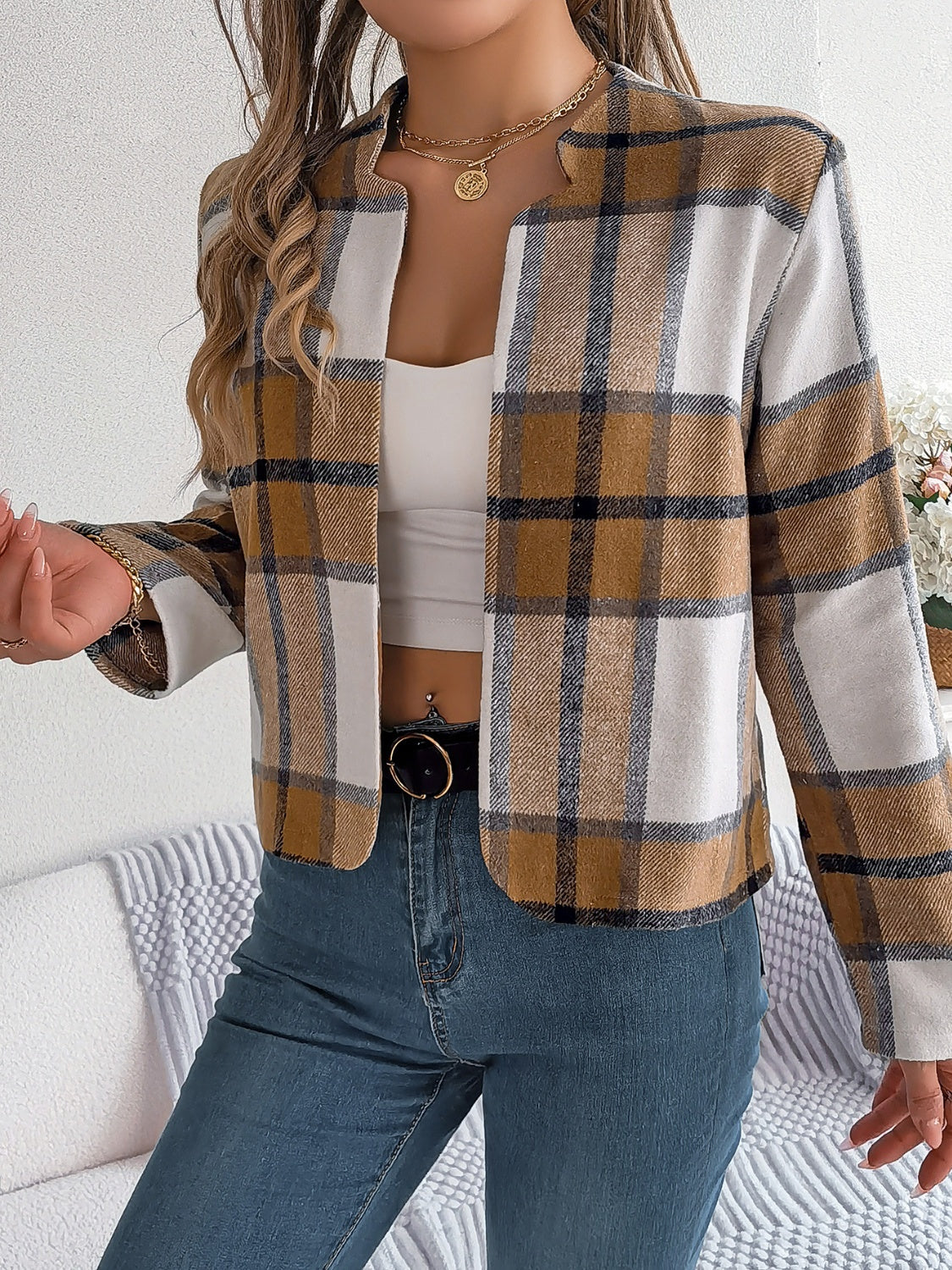 Plaid Open Front Long Sleeve Jacket-Angel Casuals