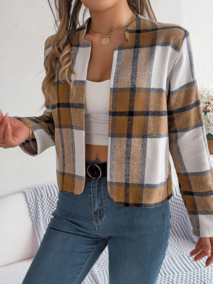 Plaid Open Front Long Sleeve Jacket-Angel Casuals
