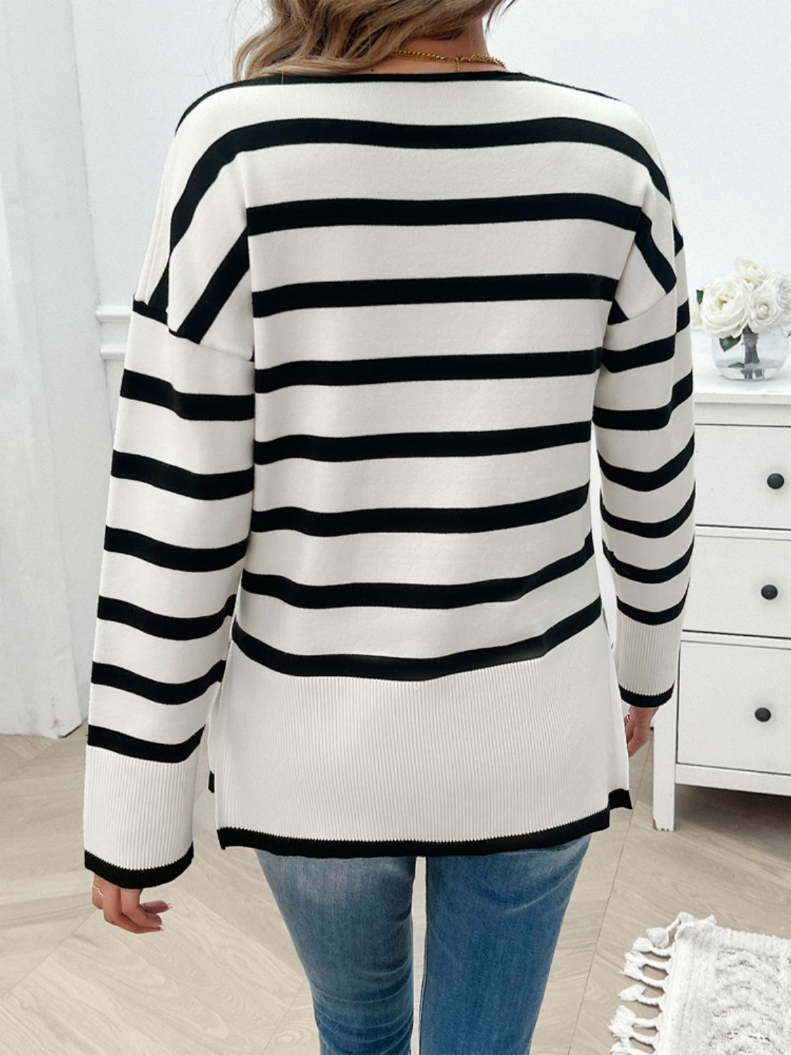 Devine Striped V-Neck Long Sleeve Knit Top-Angel Casuals