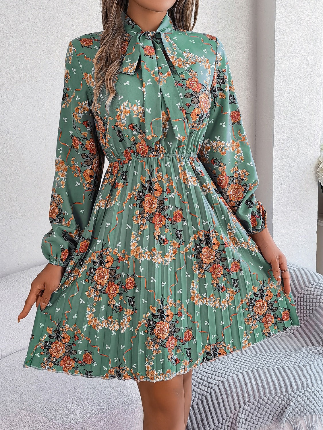 Pleated Printed Tie Neck Long Sleeve Dress-Angel Casuals