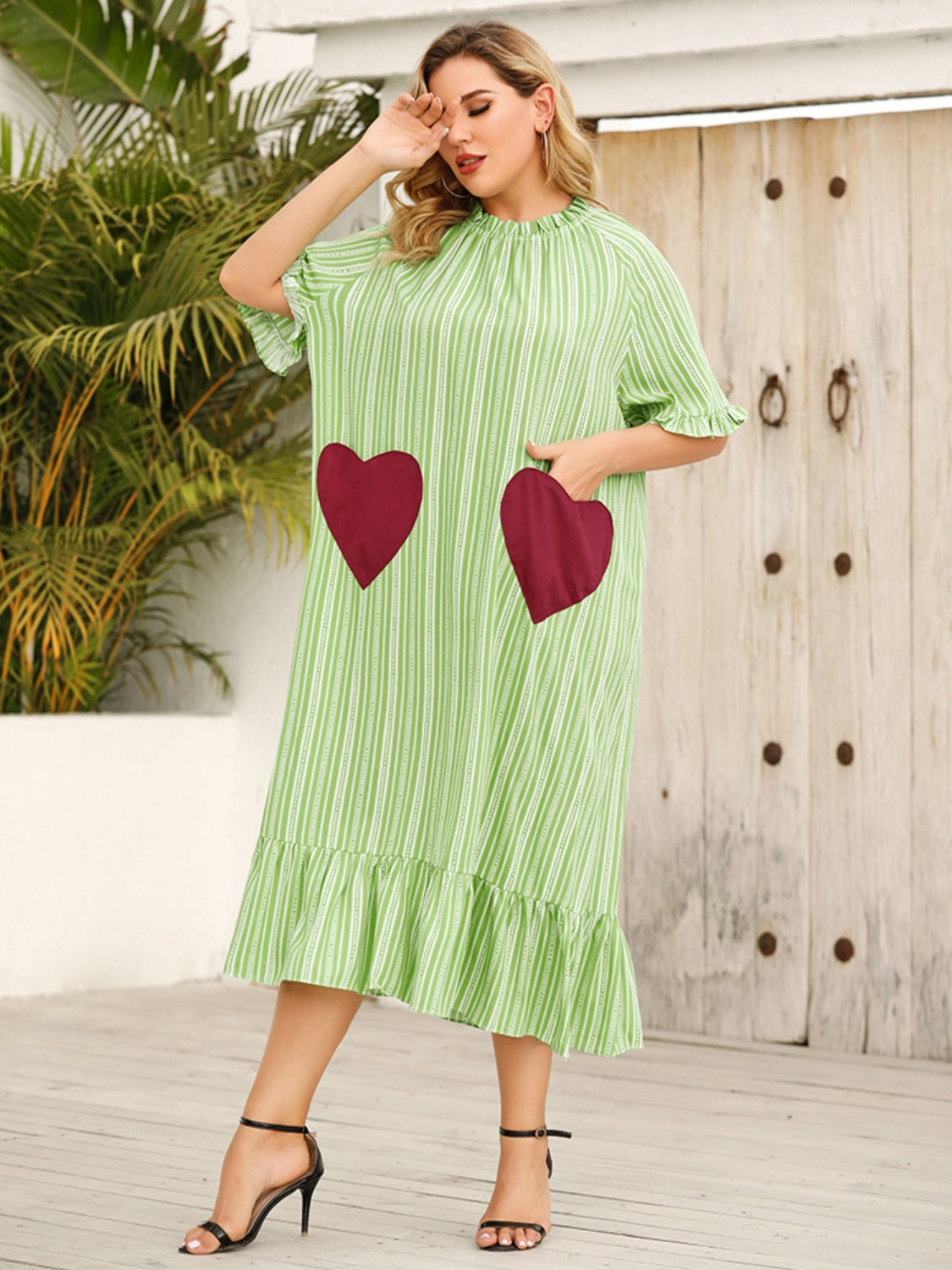 Plus Size Frill Heart Striped Half Sleeve Dress-Angel Casuals