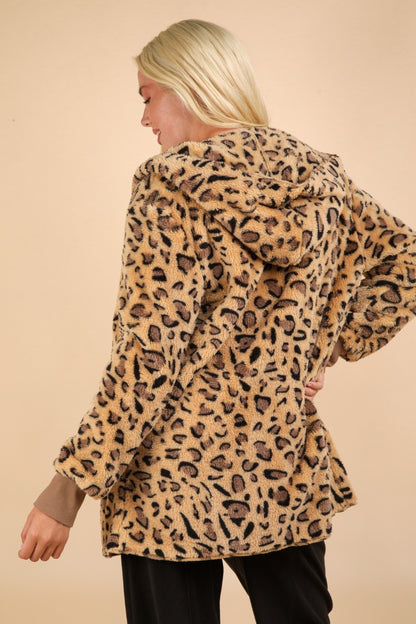 VERY J Fuzzy Leopard Long Sleeve Hooded Jacket-Angel Casuals