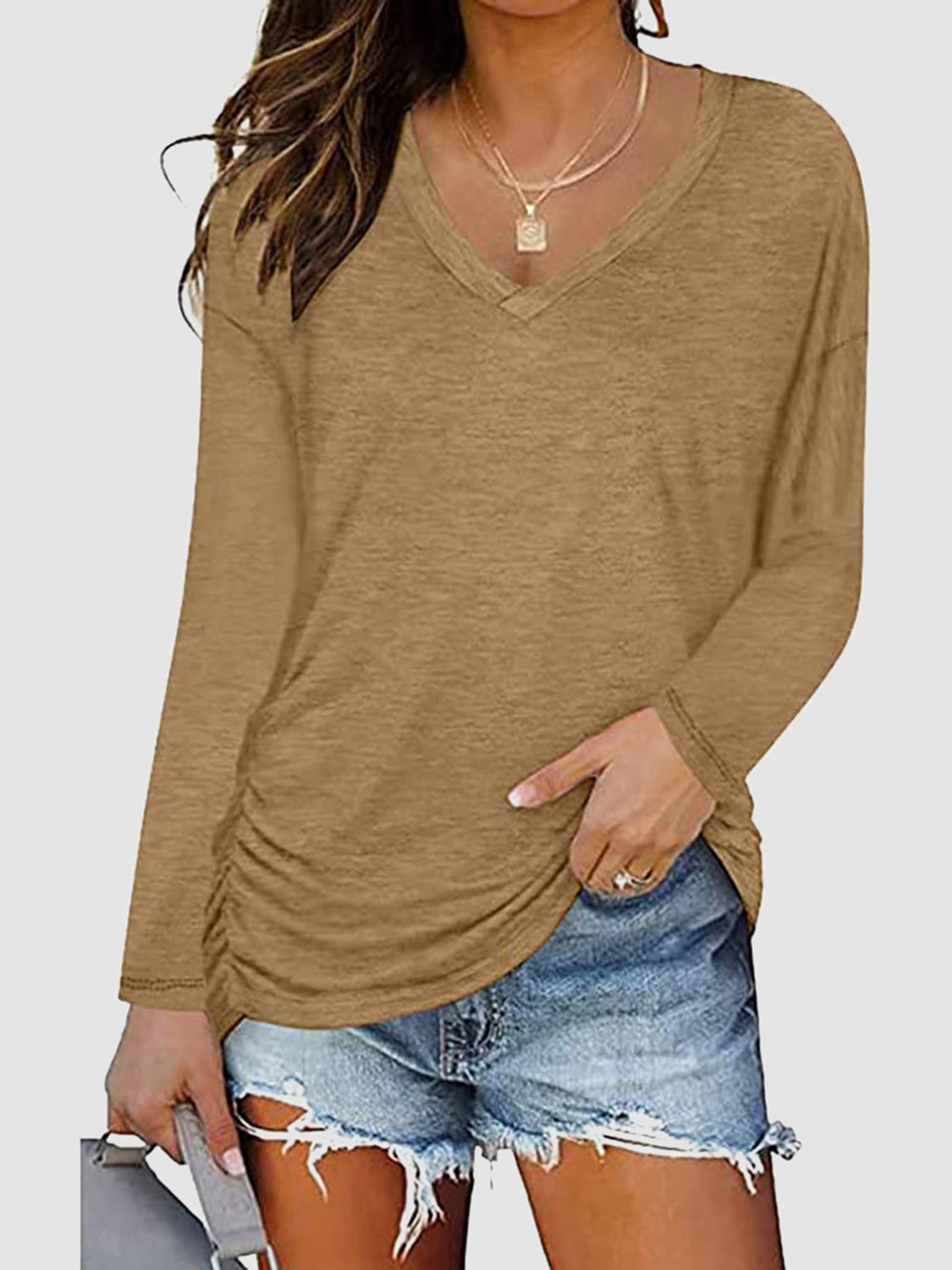 Ruched V-Neck Long Sleeve T-Shirt-Angel Casuals