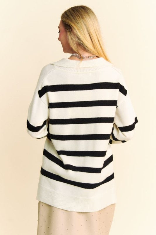 Davi & Dani High-Low Side Slit Striped Johnny Collar Sweater-Angel Casuals