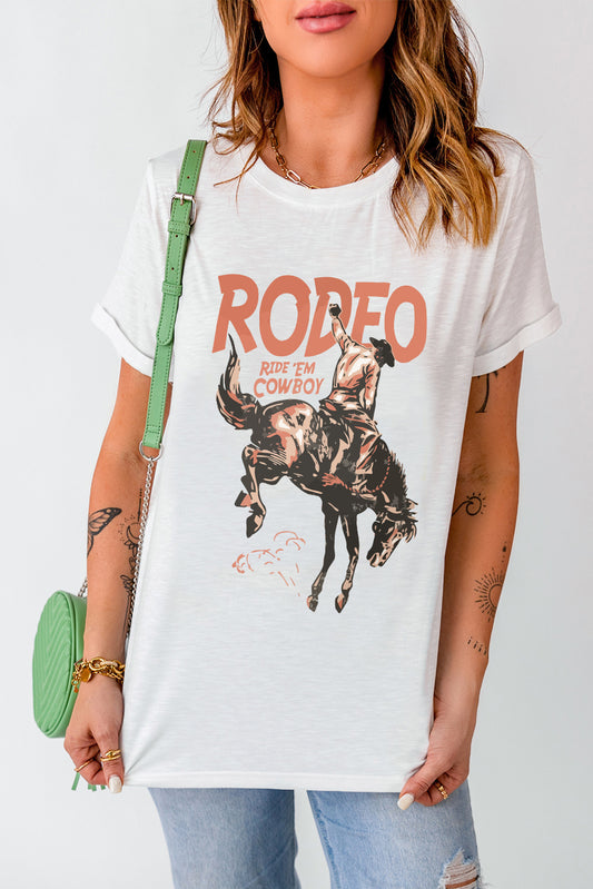 Cowboy Graphic Round Neck Short Sleeve T-Shirt-Angel Casuals