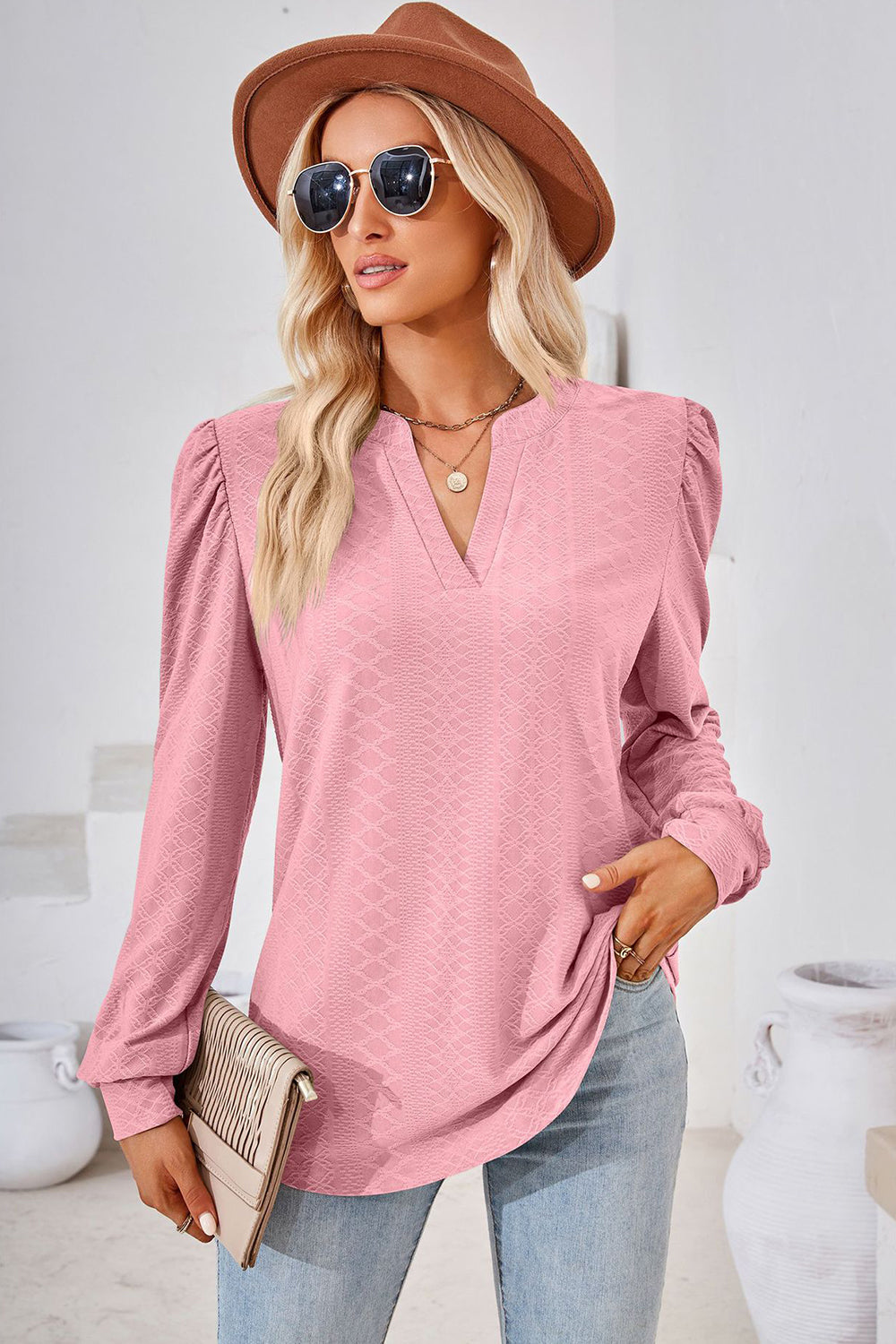Notched Long Sleeve T-Shirt-Angel Casuals