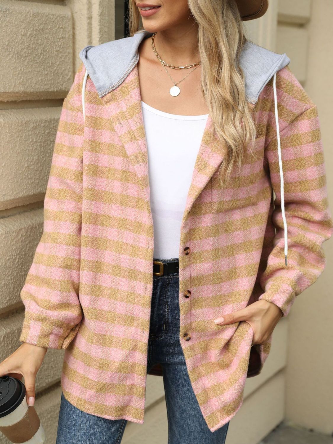 Drawstring Plaid Long Sleeve Hooded Jacket-Angel Casuals