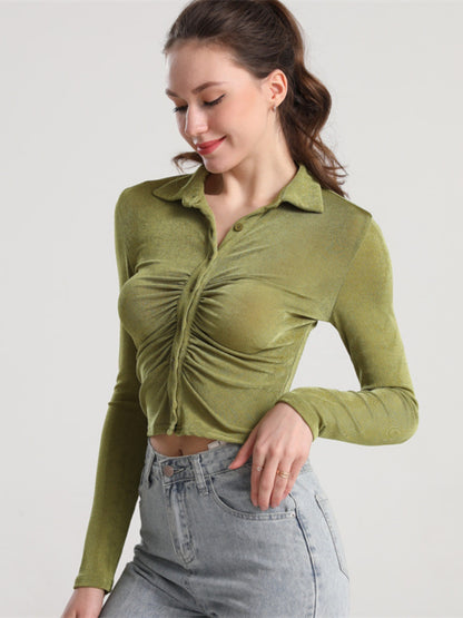 Ruched Button Up Long Sleeve T-Shirt-Angel Casuals